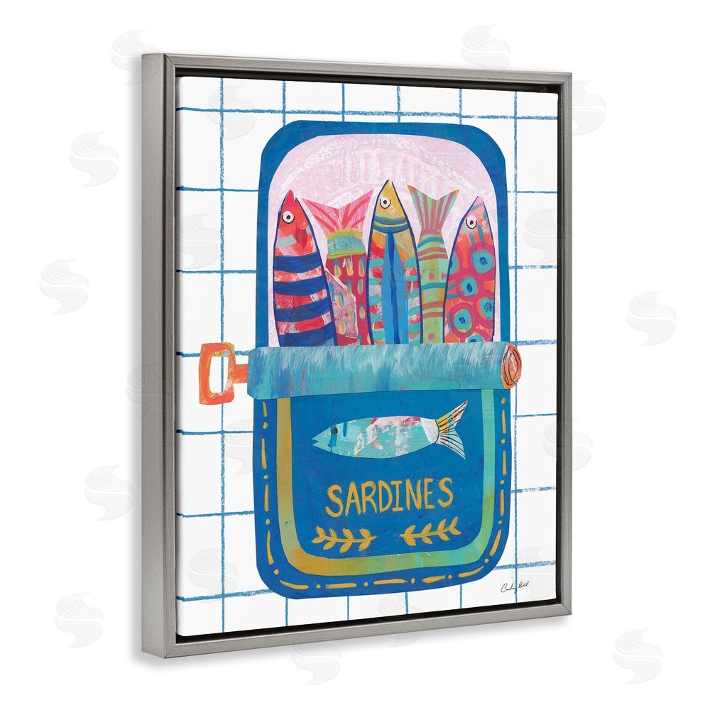Courtney Prahl Silly Sardines Blue Tin Gray Floating Frame Canvas Wall Art Print