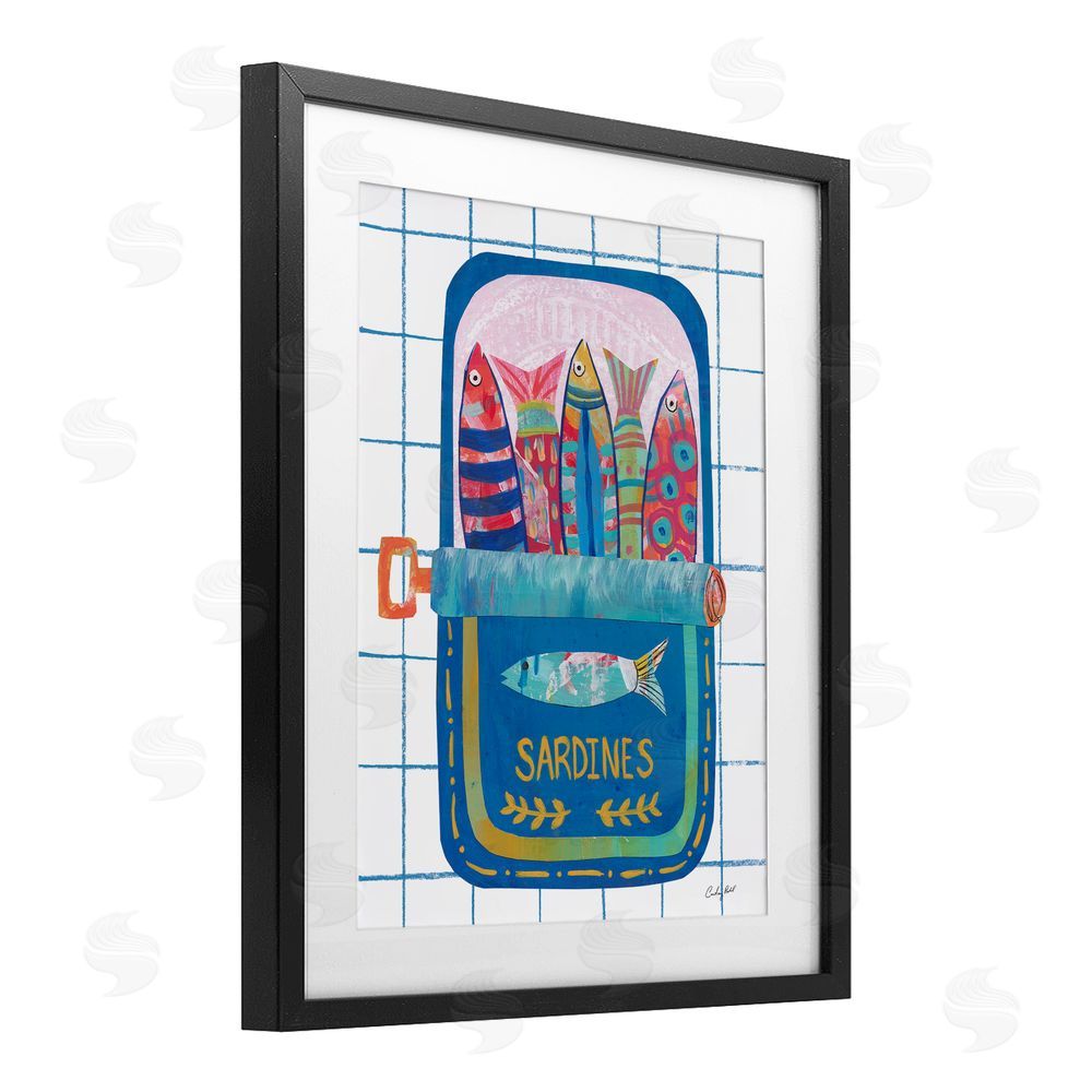 Courtney Prahl Silly Sardines Blue Tin Black Framed Print Under Glass Wall Art