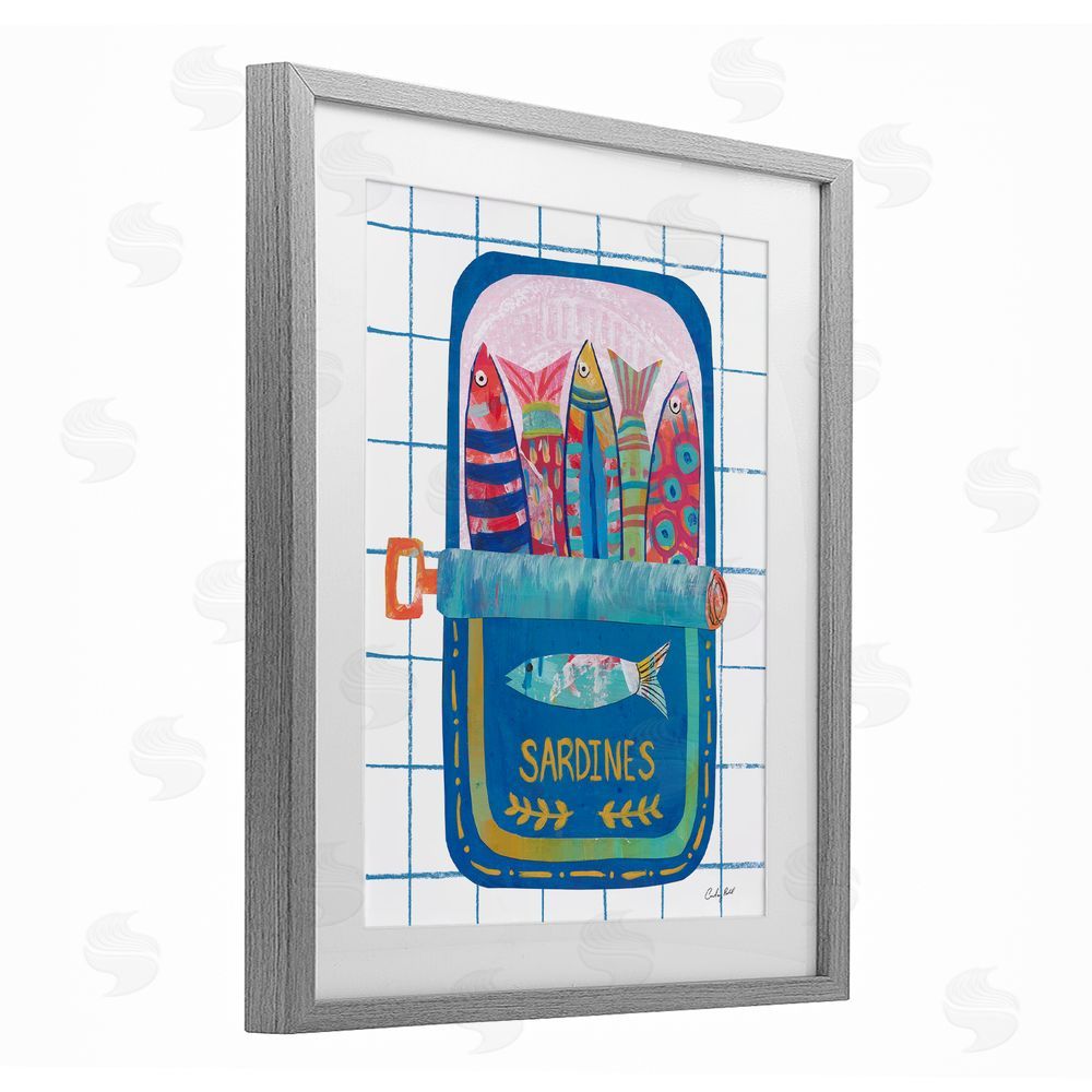 Courtney Prahl Silly Sardines Blue Tin Gray Framed Print Under Glass Wall Art