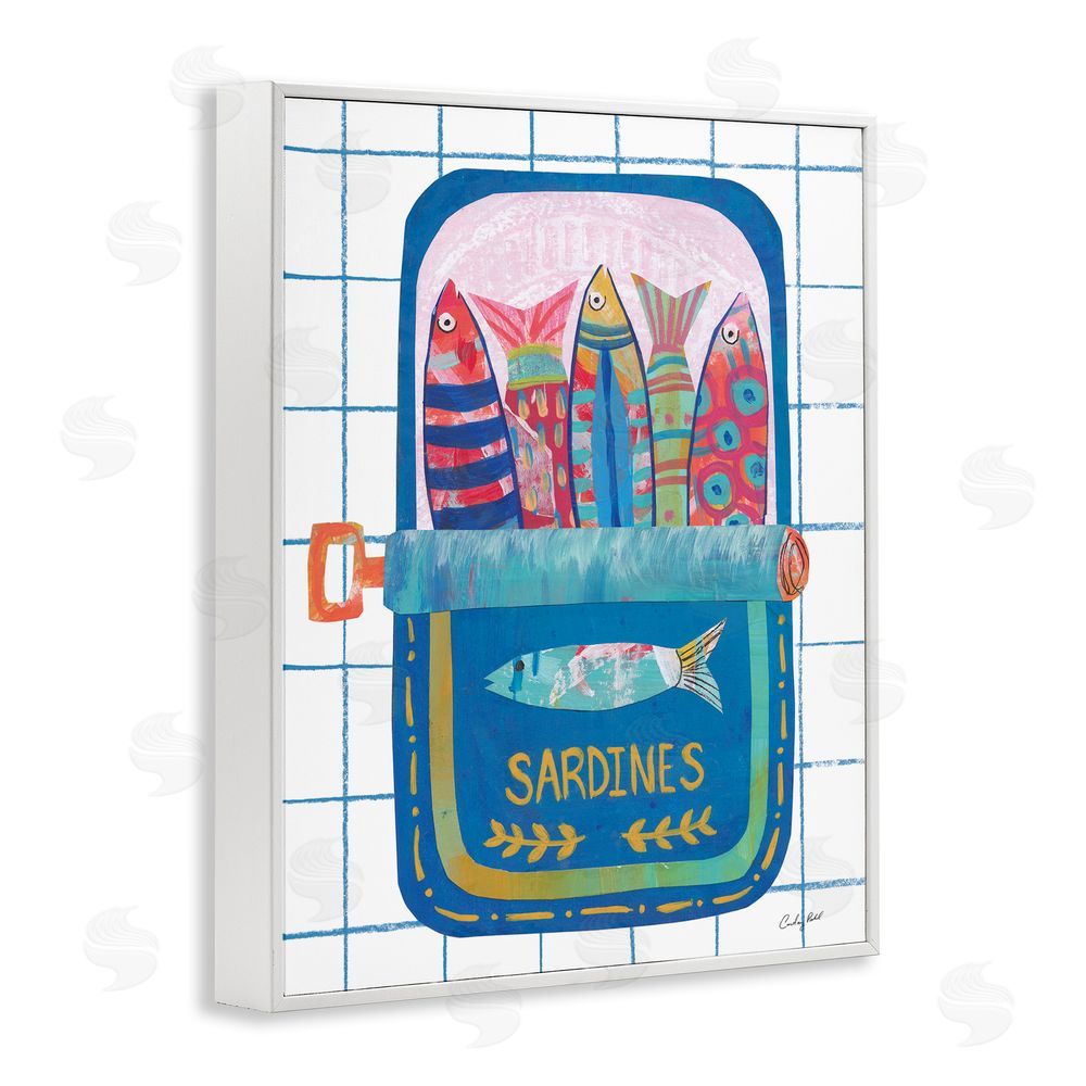 Courtney Prahl Silly Sardines Blue Tin White Framed Giclee Wall Art Print