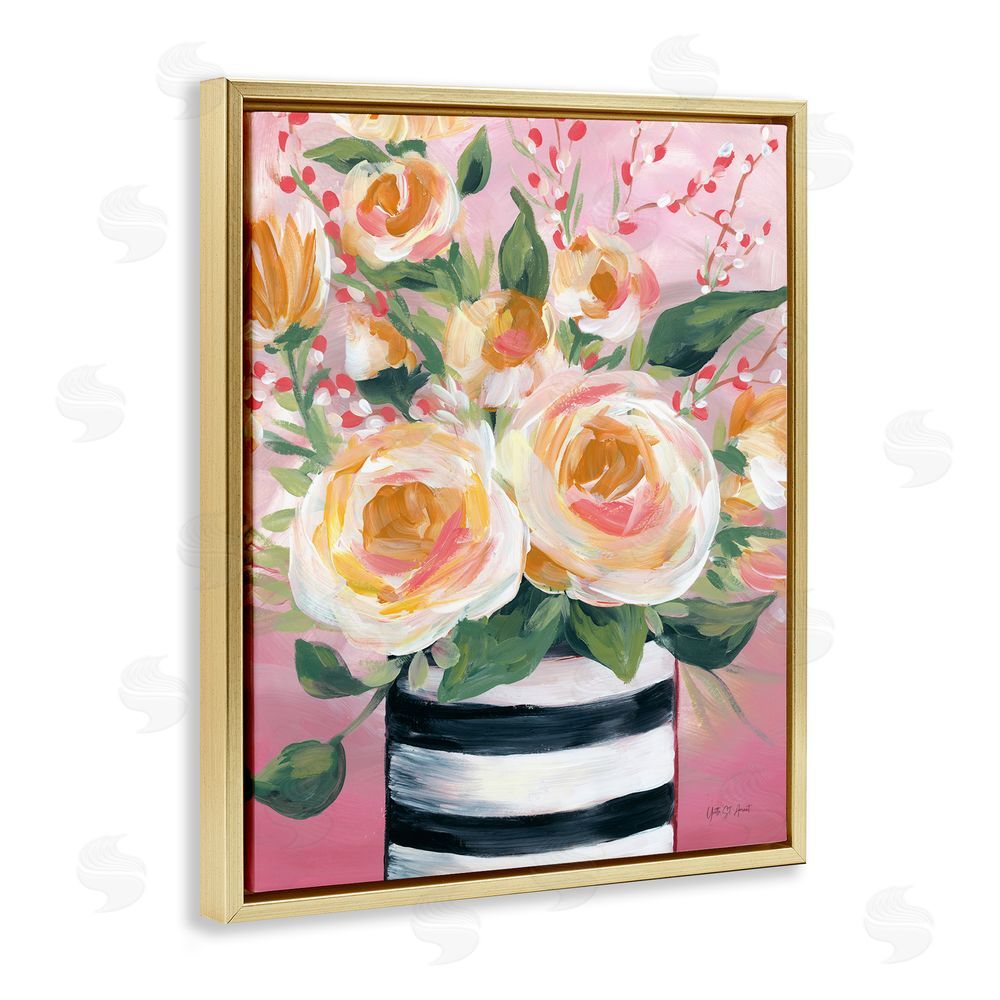 Yvette St. Amant Spring Blooms in Striped Vase Gold Floating Frame Canvas Wall Art Print