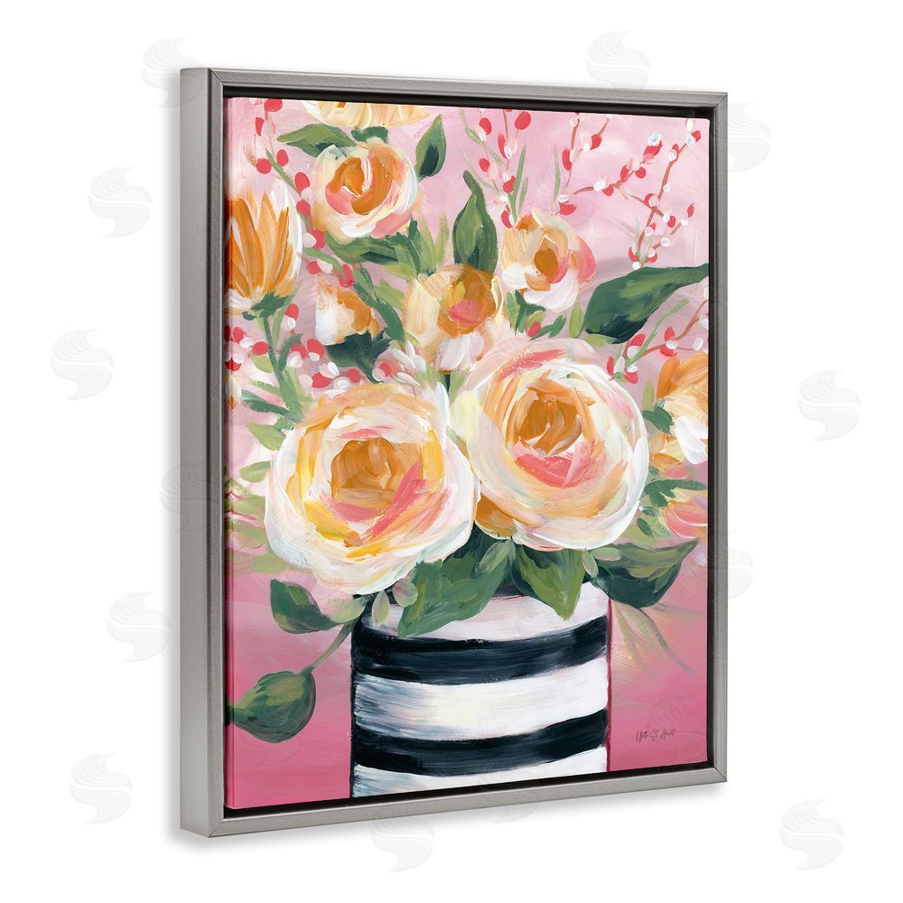 Yvette St. Amant Spring Blooms in Striped Vase Gray Floating Frame Canvas Wall Art Print
