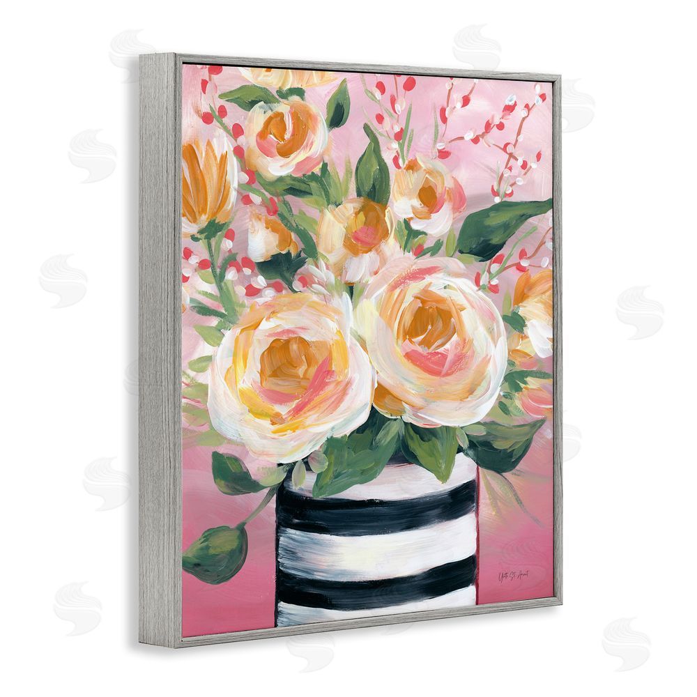 Yvette St. Amant Spring Blooms in Striped Vase Gray Framed Giclee Wall Art Print