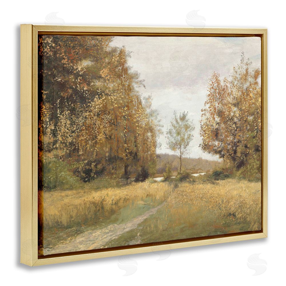 Amber Sterling Path Through Autumn Trees Gold Floating Frame Canvas Wall Art Print