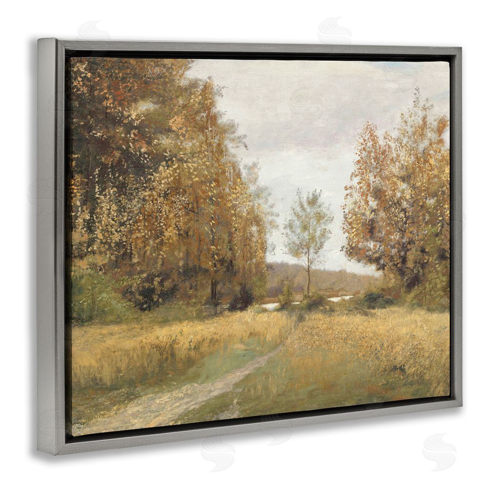 Amber Sterling Path Through Autumn Trees Gray Floating Frame Canvas Wall Art Print
