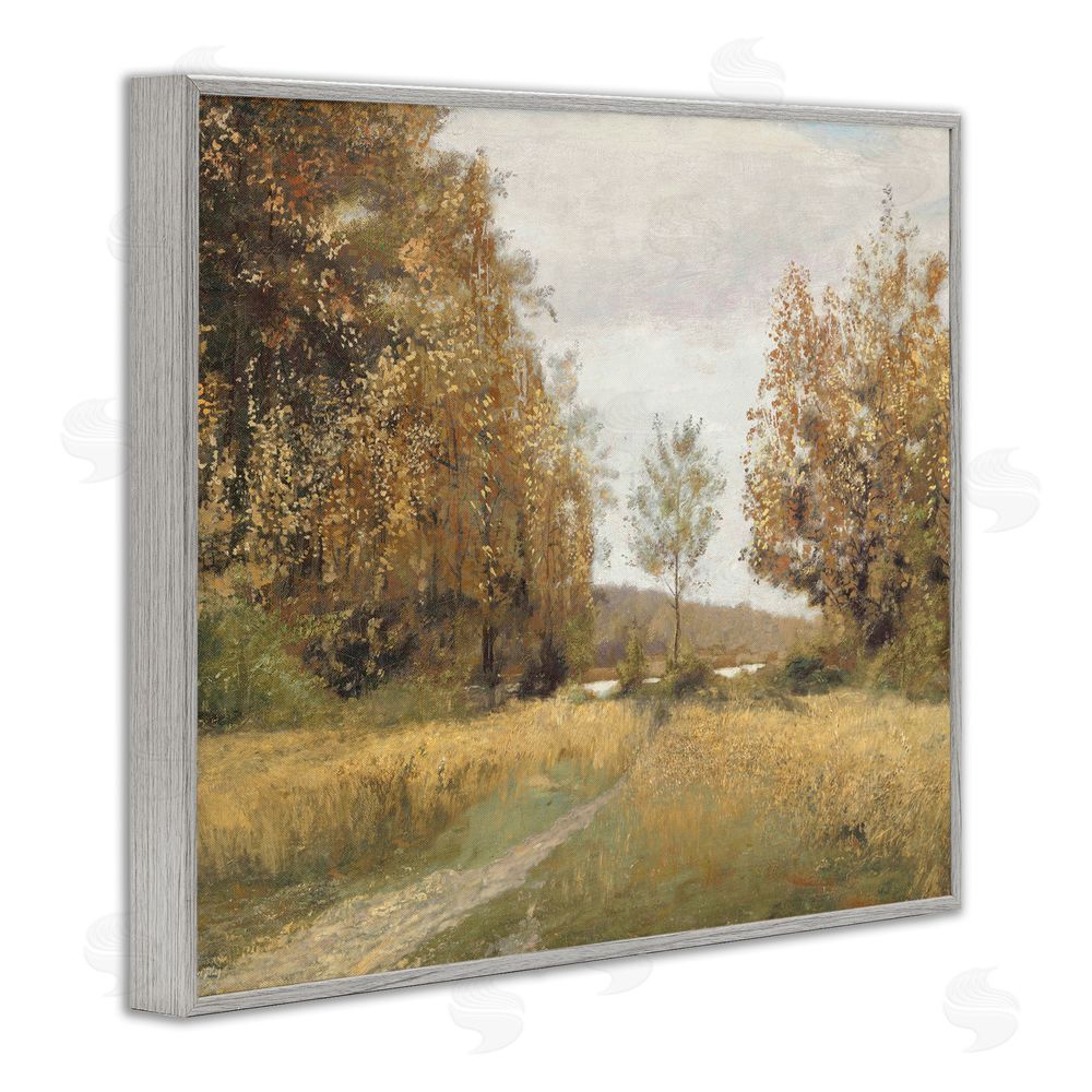 Amber Sterling Path Through Autumn Trees Gray Framed Giclee Wall Art Print