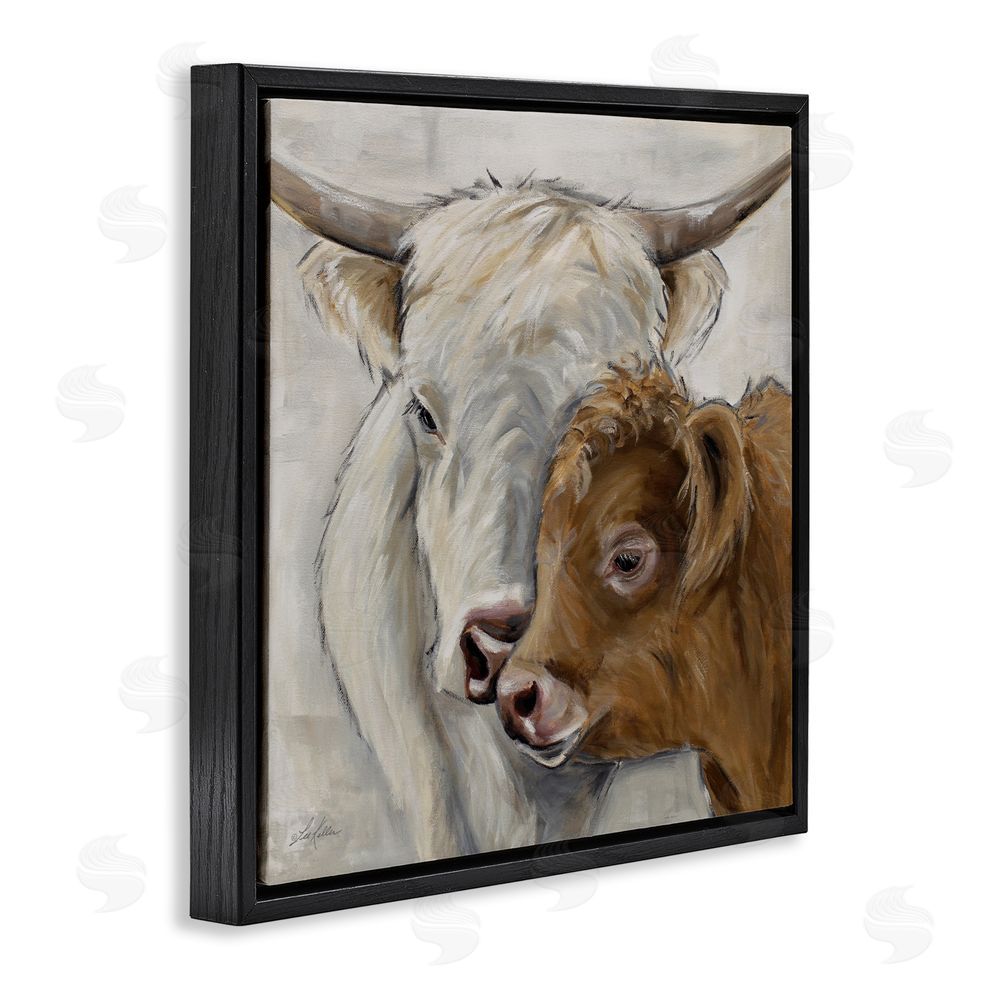 Lee Keller Highland Cow & Calf Contrasts Black Floating Frame Canvas Wall Art Print