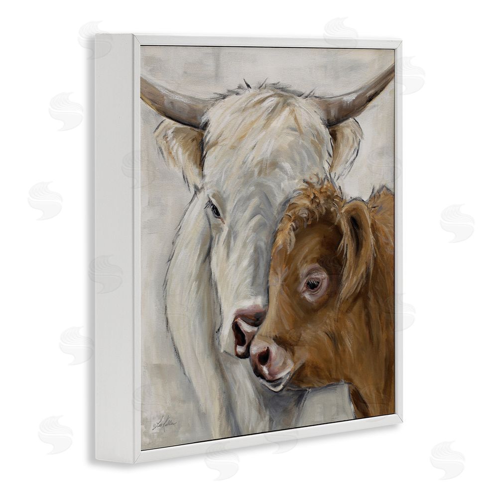 Lee Keller Highland Cow & Calf Contrasts White Framed Giclee Wall Art Print