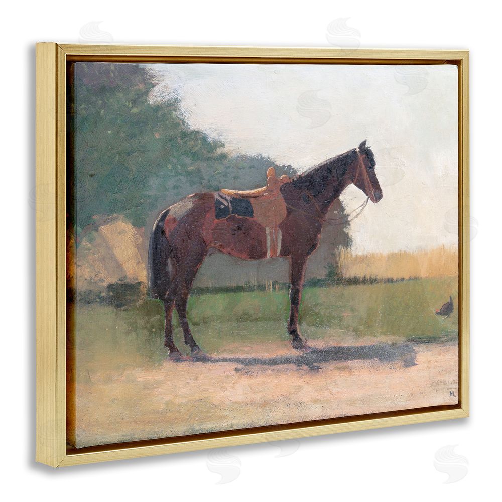 Stellar Design Studio Saddled Horse in Farm Yard Gold Floating Frame Canvas Wall Art Print