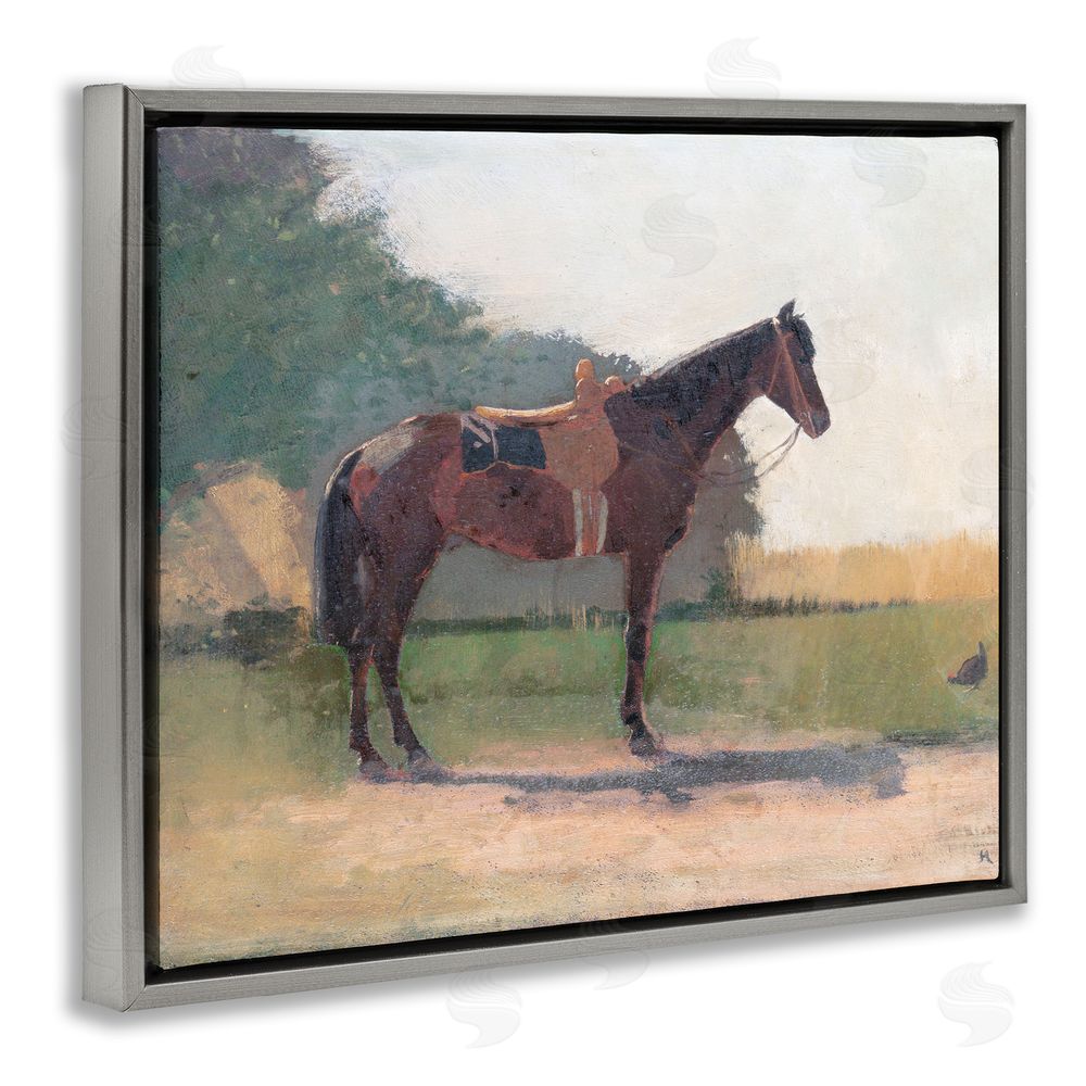 Stellar Design Studio Saddled Horse in Farm Yard Gray Floating Frame Canvas Wall Art Print