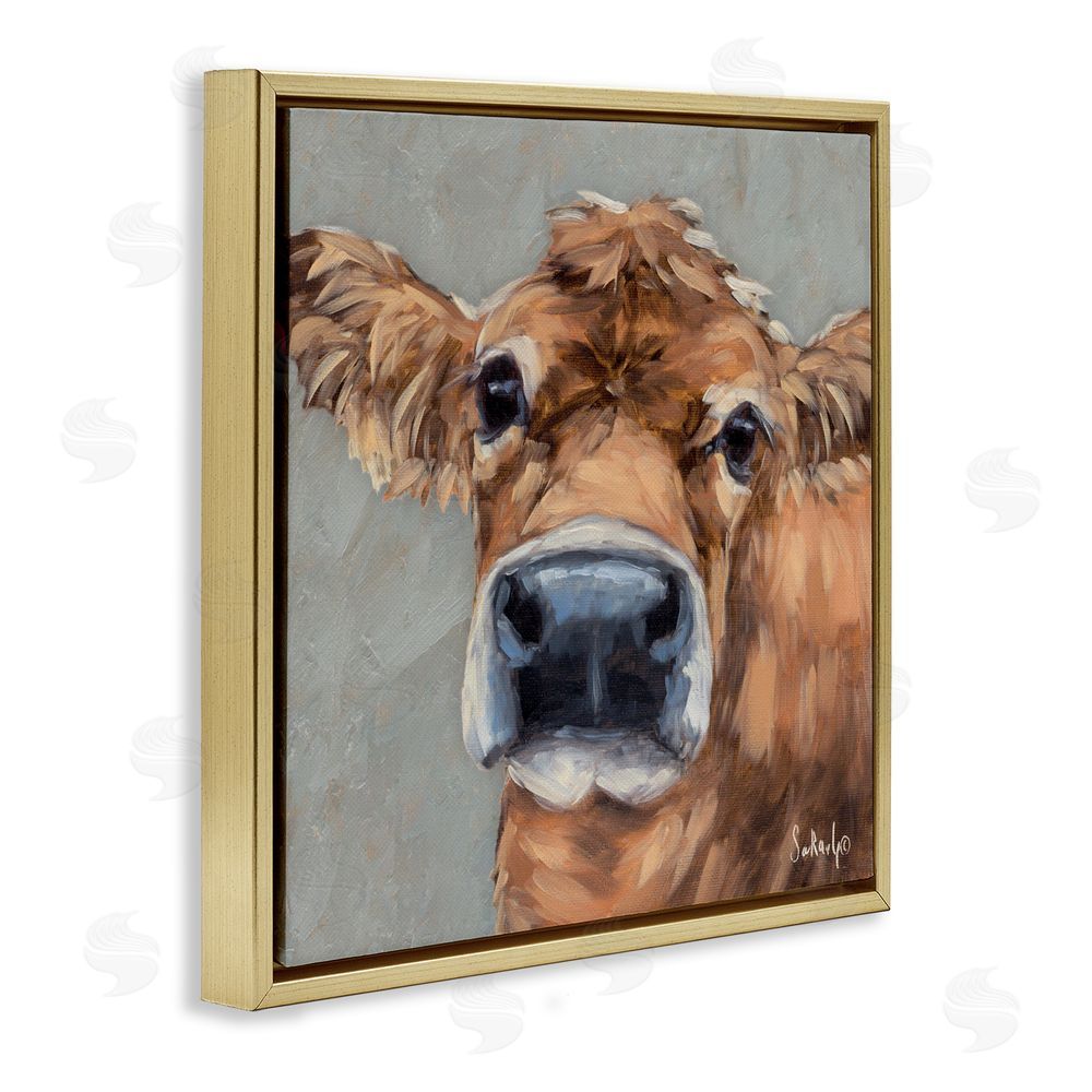 Sara G. Designs Freckles The Cow Portrait Gold Floating Frame Canvas Wall Art Print