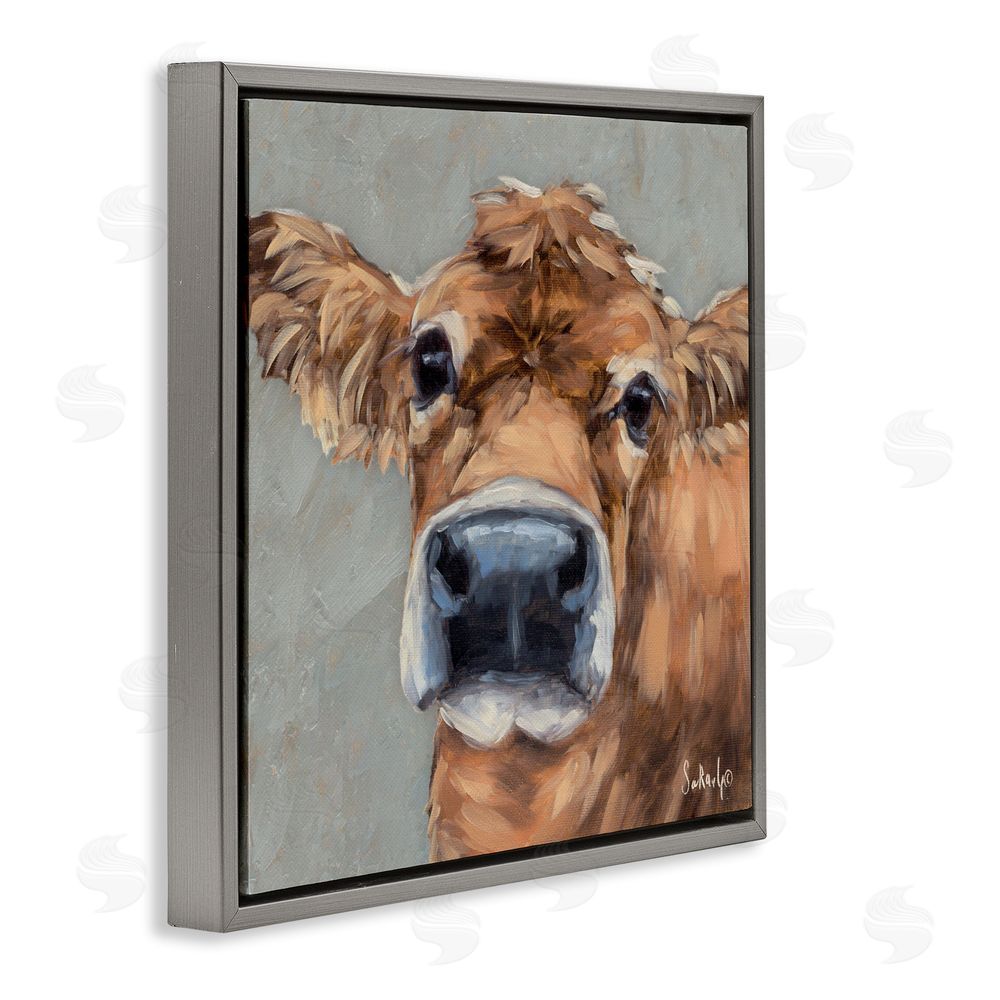 Sara G. Designs Freckles The Cow Portrait Gray Floating Frame Canvas Wall Art Print
