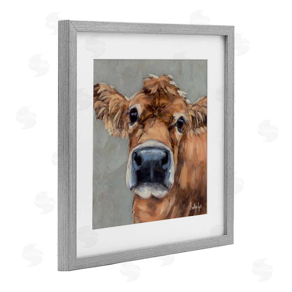 Sara G. Designs Freckles The Cow Portrait Gray Framed Print Under Glass Wall Art