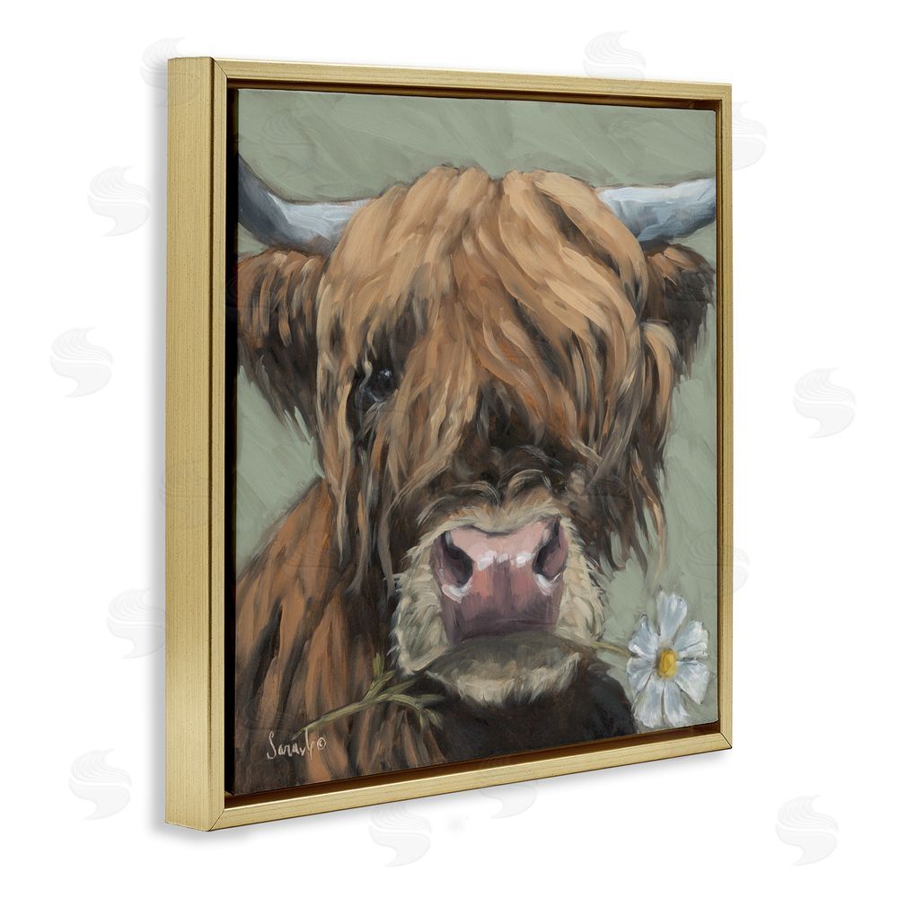Sara G. Designs Blossom Babe Cattle Gold Floating Frame Canvas Wall Art Print