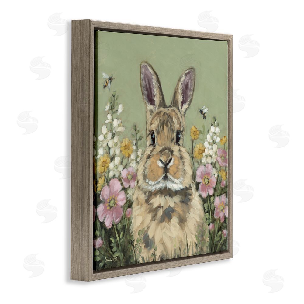 Sara G. Designs Spring Abloom Rabbit Brown Floating Frame Canvas Wall Art Print
