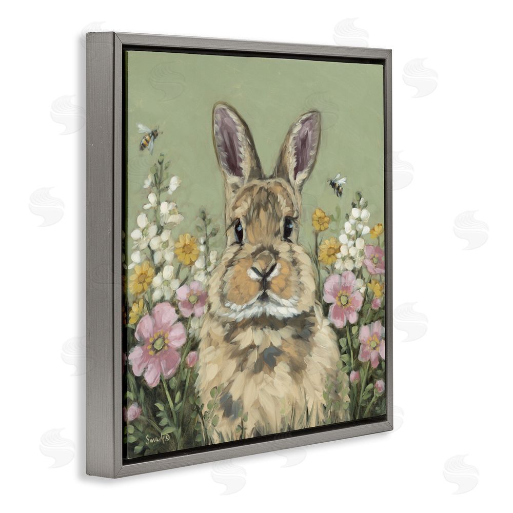 Sara G. Designs Spring Abloom Rabbit Gray Floating Frame Canvas Wall Art Print