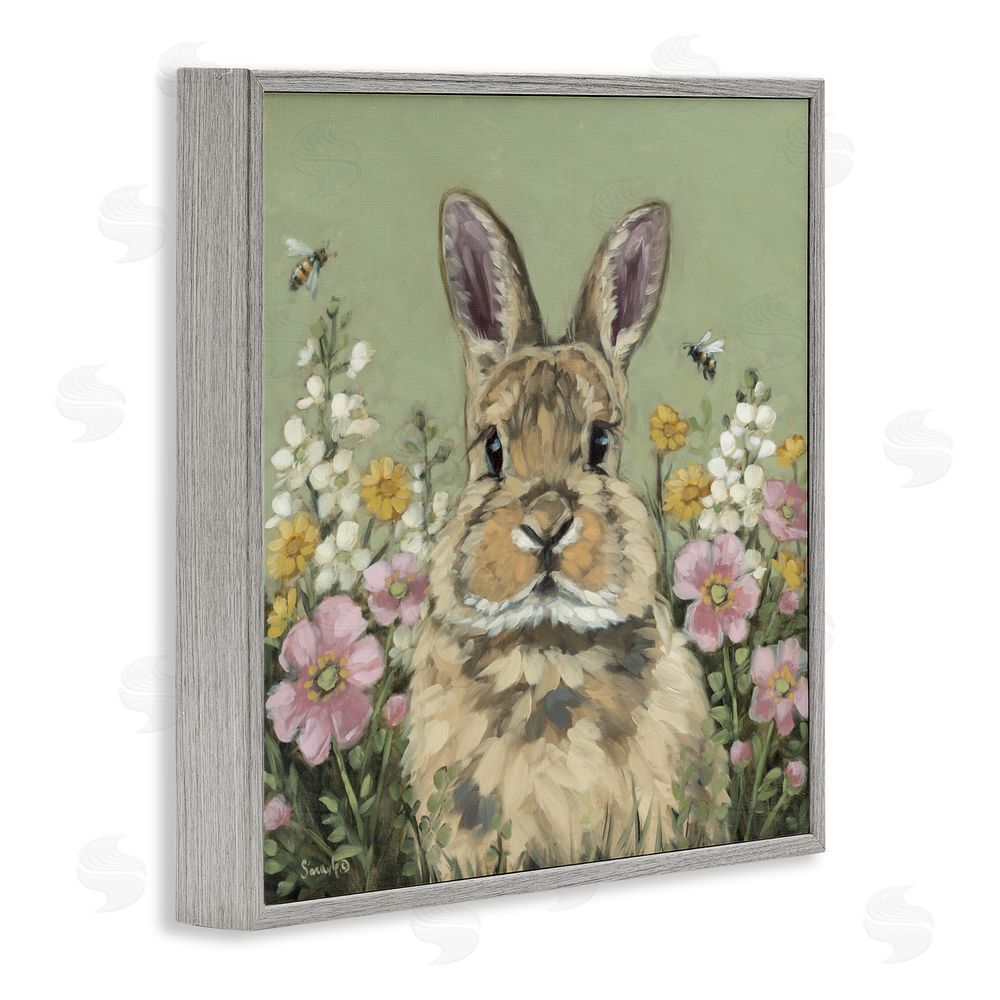 Sara G. Designs Spring Abloom Rabbit Gray Framed Giclee Wall Art Print