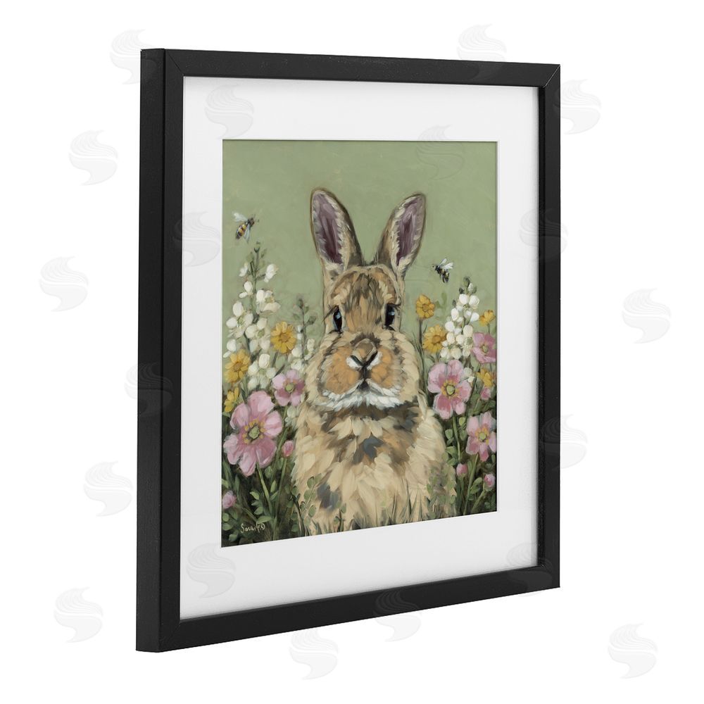 Sara G. Designs Spring Abloom Rabbit Black Framed Print Under Glass Wall Art