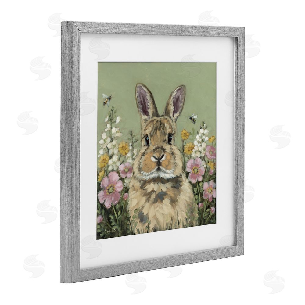 Sara G. Designs Spring Abloom Rabbit Gray Framed Print Under Glass Wall Art