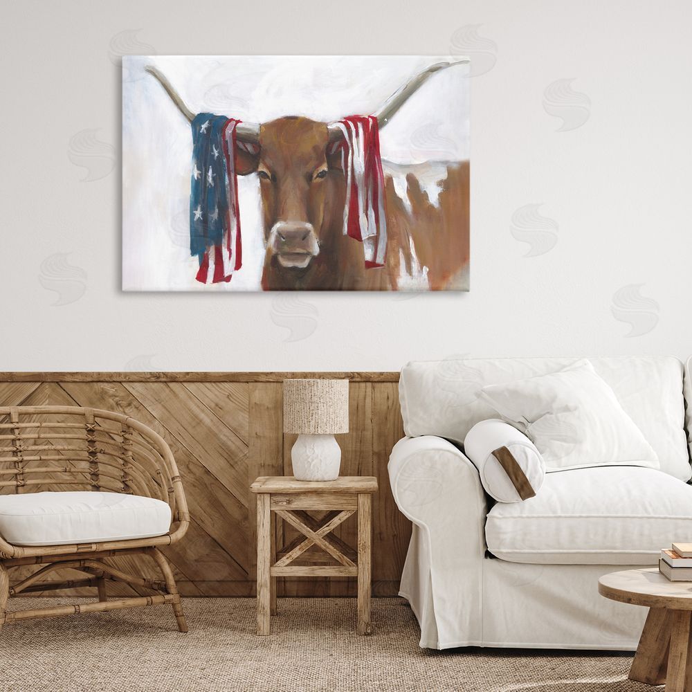 White Ladder Patriotic Longhorn with Flag Canvas Wall Art Print in Room
