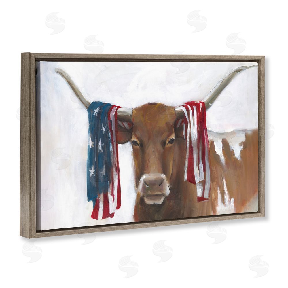 White Ladder Patriotic Longhorn with Flag Brown Floating Frame Canvas Wall Art Print
