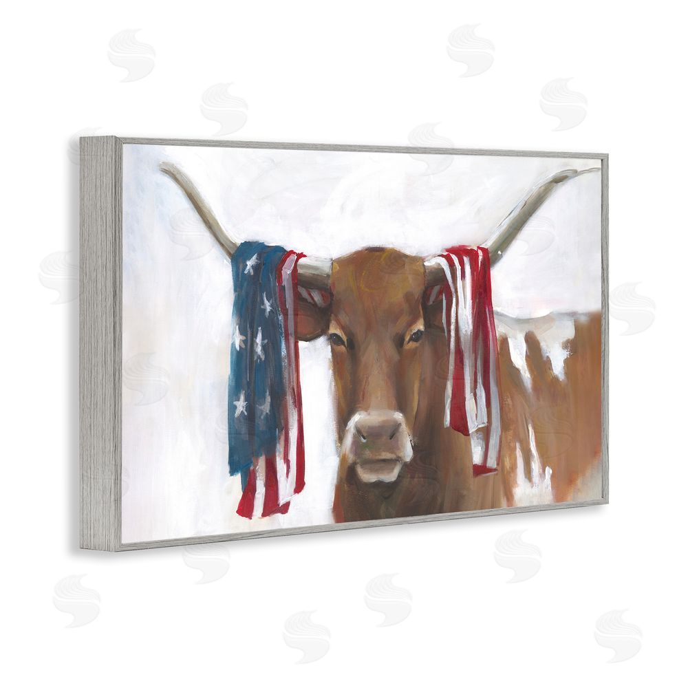 White Ladder Patriotic Longhorn with Flag Gray Framed Giclee Wall Art Print