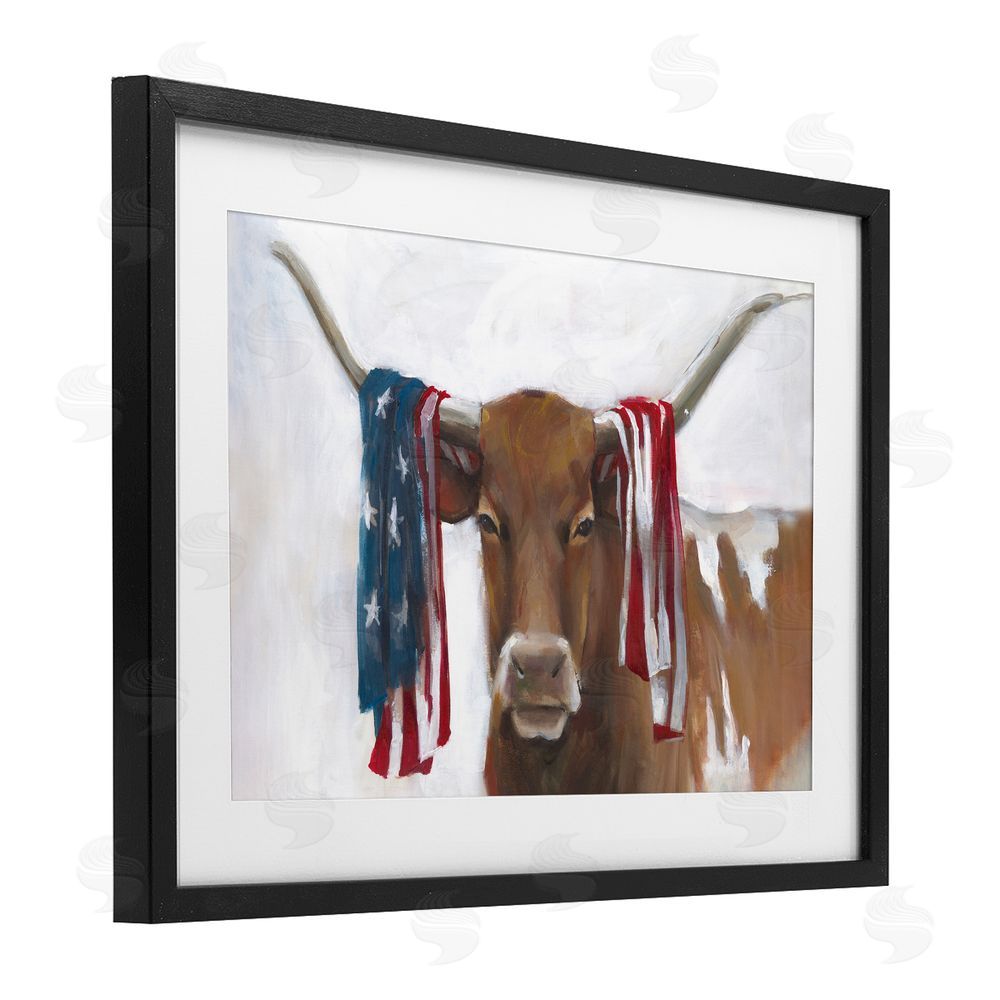 White Ladder Patriotic Longhorn with Flag Black Framed Print Under Glass Wall Art