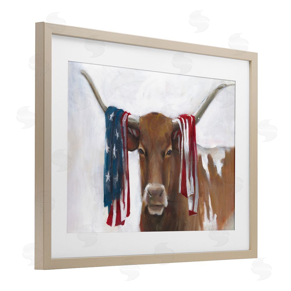 White Ladder Patriotic Longhorn with Flag Birch Framed Print Under Glass Wall Art