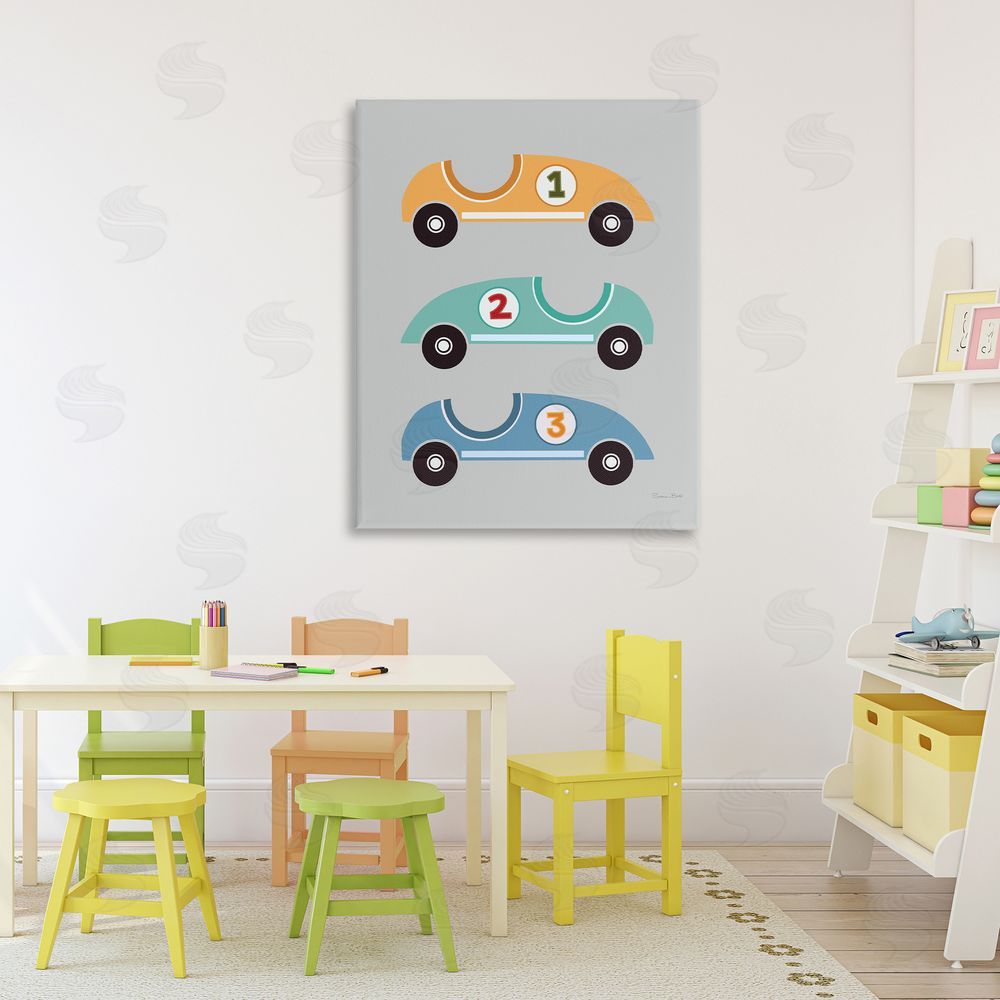 Susan Ball Vroom Race Cars Stretched Canvas Wall Art in Room