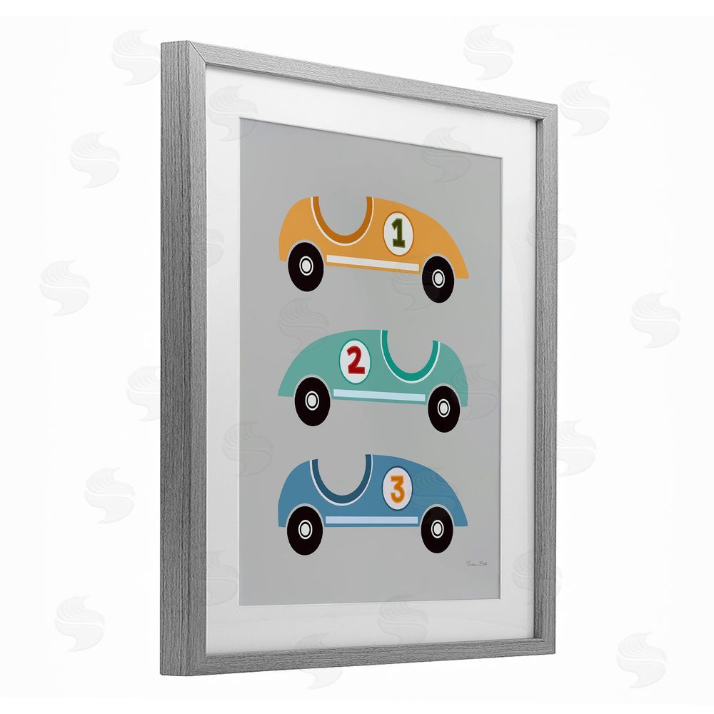 Susan Ball Vroom Race Cars Gray Framed Print Under Glass Wall Art