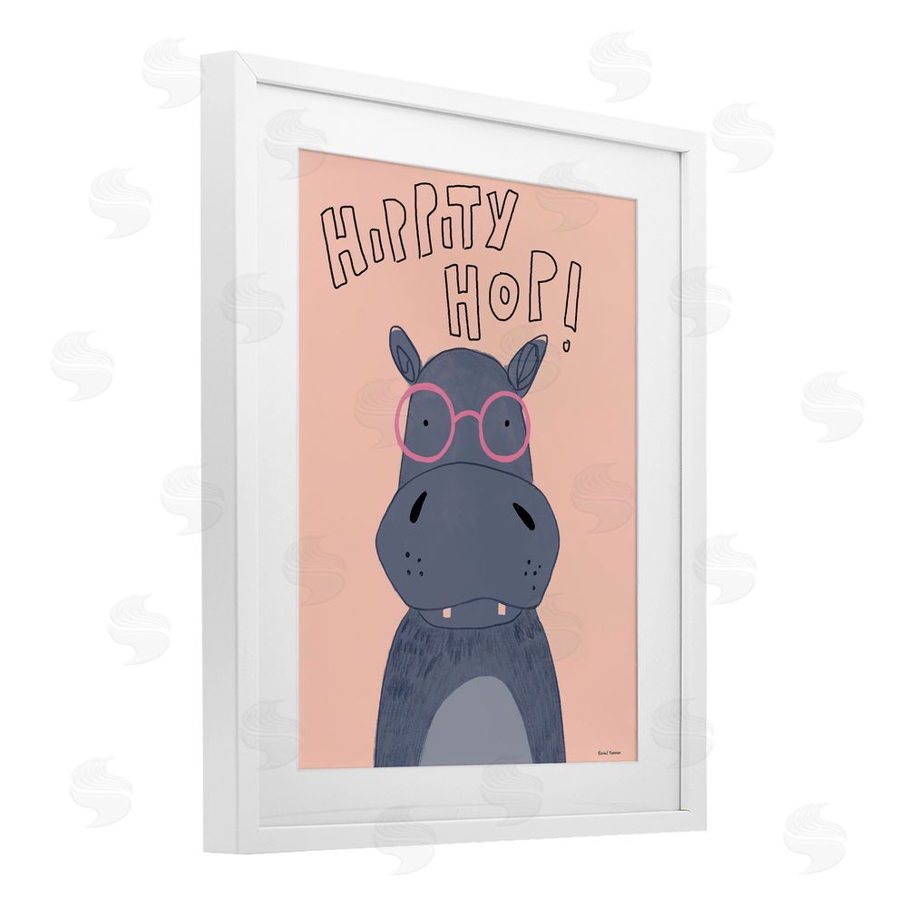 Rachel Nieman Hippity Hop Hippo White Framed Print Under Glass Wall Art