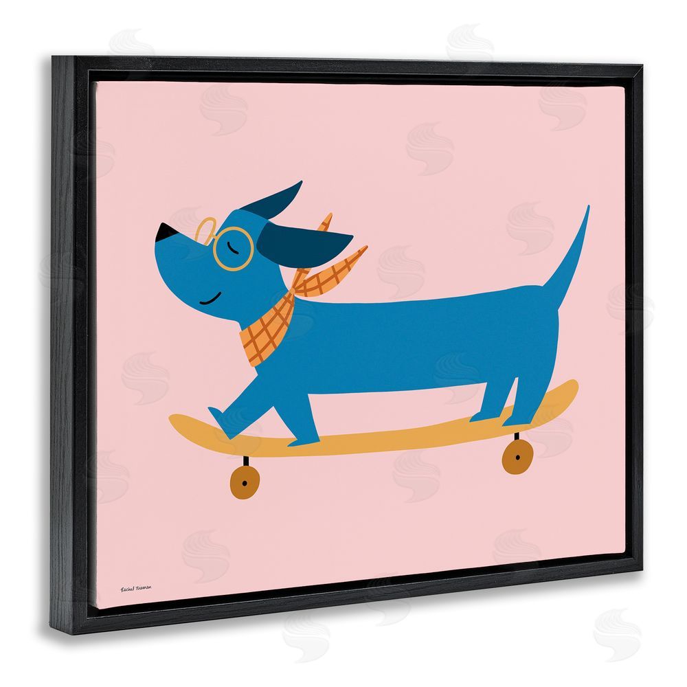 Rachel Nieman Skateboarding Wiener Dog Black Floating Frame Canvas Wall Art Print