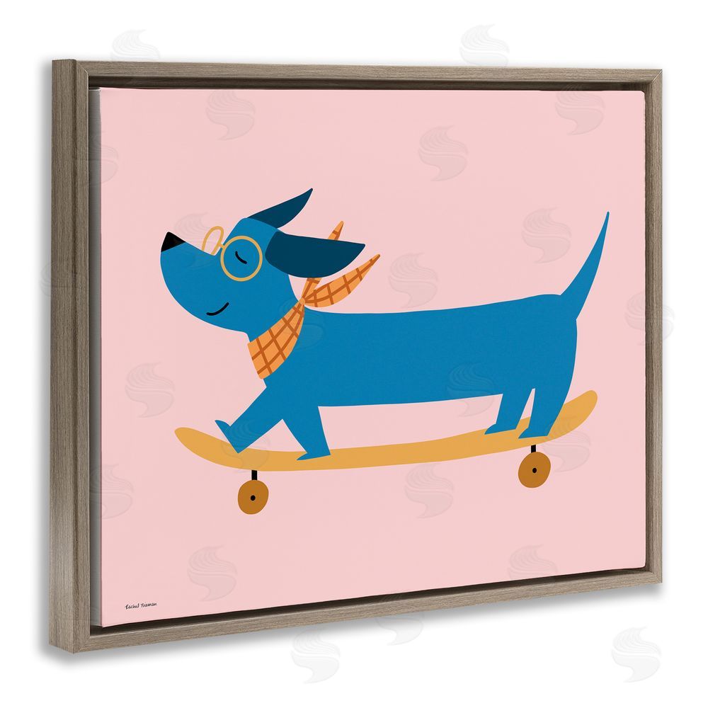 Rachel Nieman Skateboarding Wiener Dog Brown Floating Frame Canvas Wall Art Print