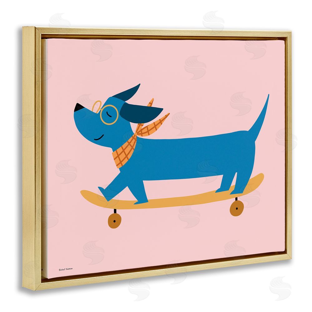 Rachel Nieman Skateboarding Wiener Dog Gold Floating Frame Canvas Wall Art Print