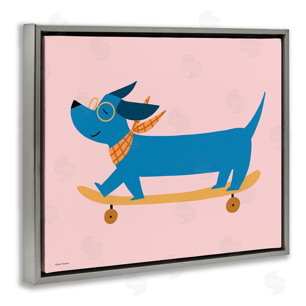 Rachel Nieman Skateboarding Wiener Dog Gray Floating Frame Canvas Wall Art Print