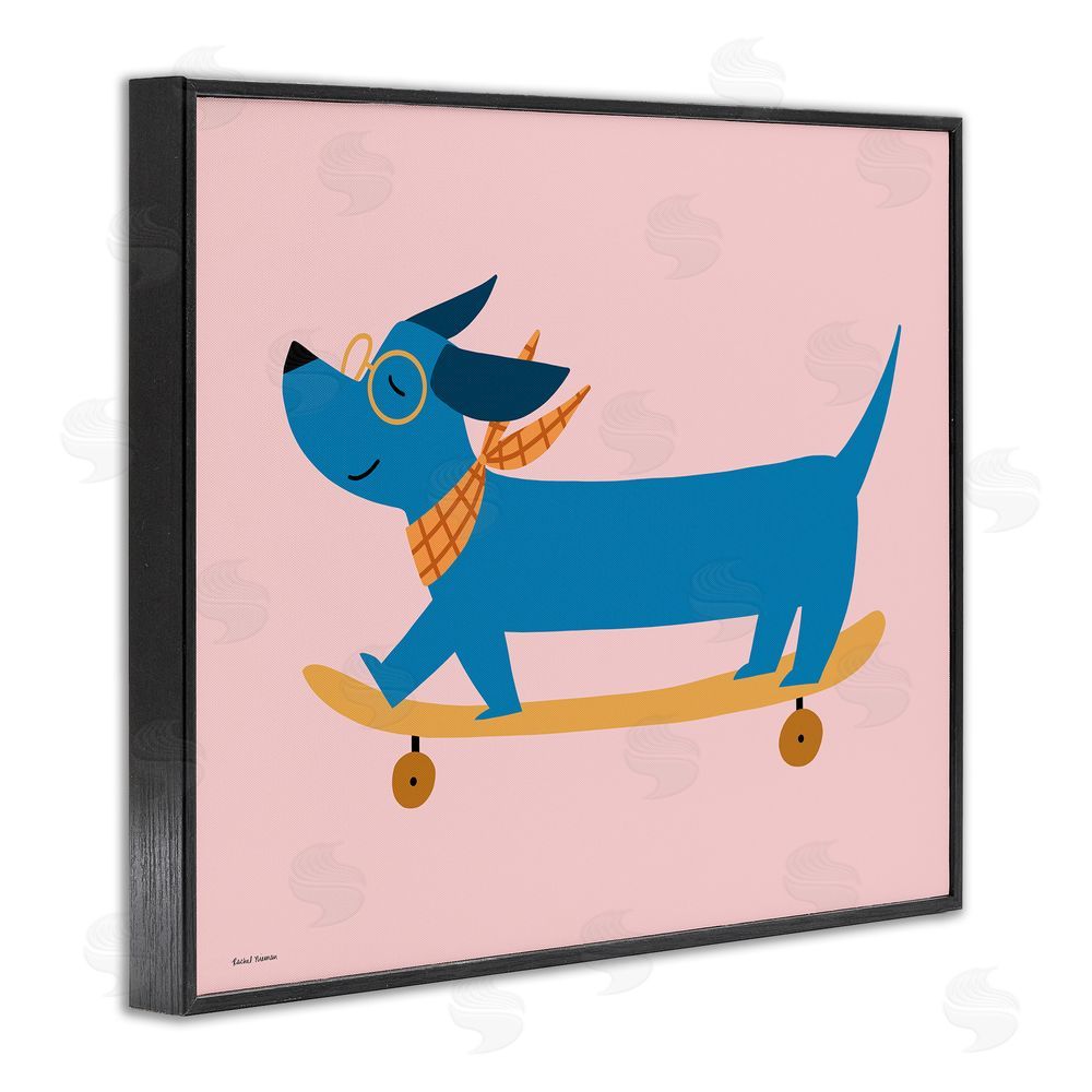 Rachel Nieman Skateboarding Wiener Dog Black Framed Giclee Wall Art Print