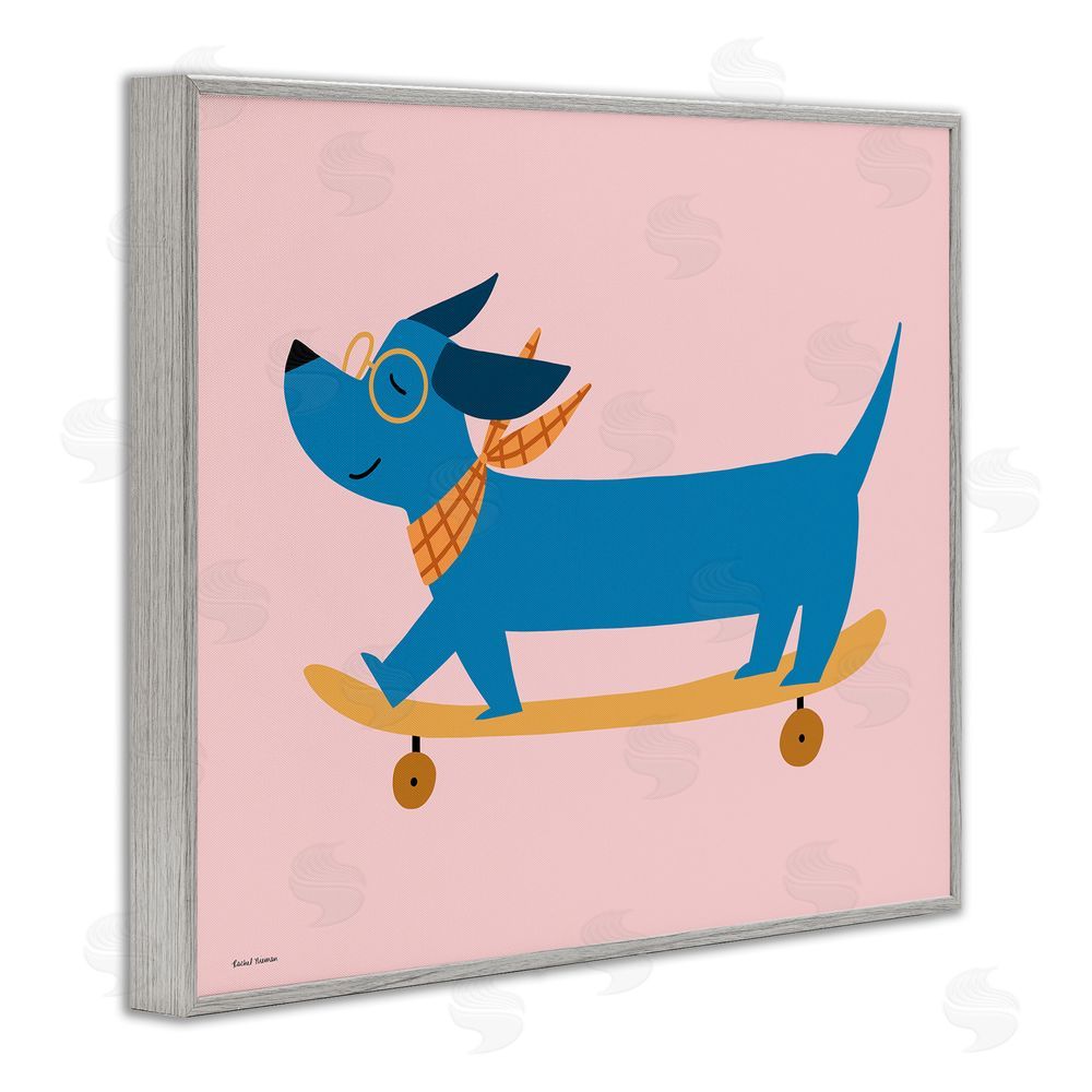 Rachel Nieman Skateboarding Wiener Dog Gray Framed Giclee Wall Art Print