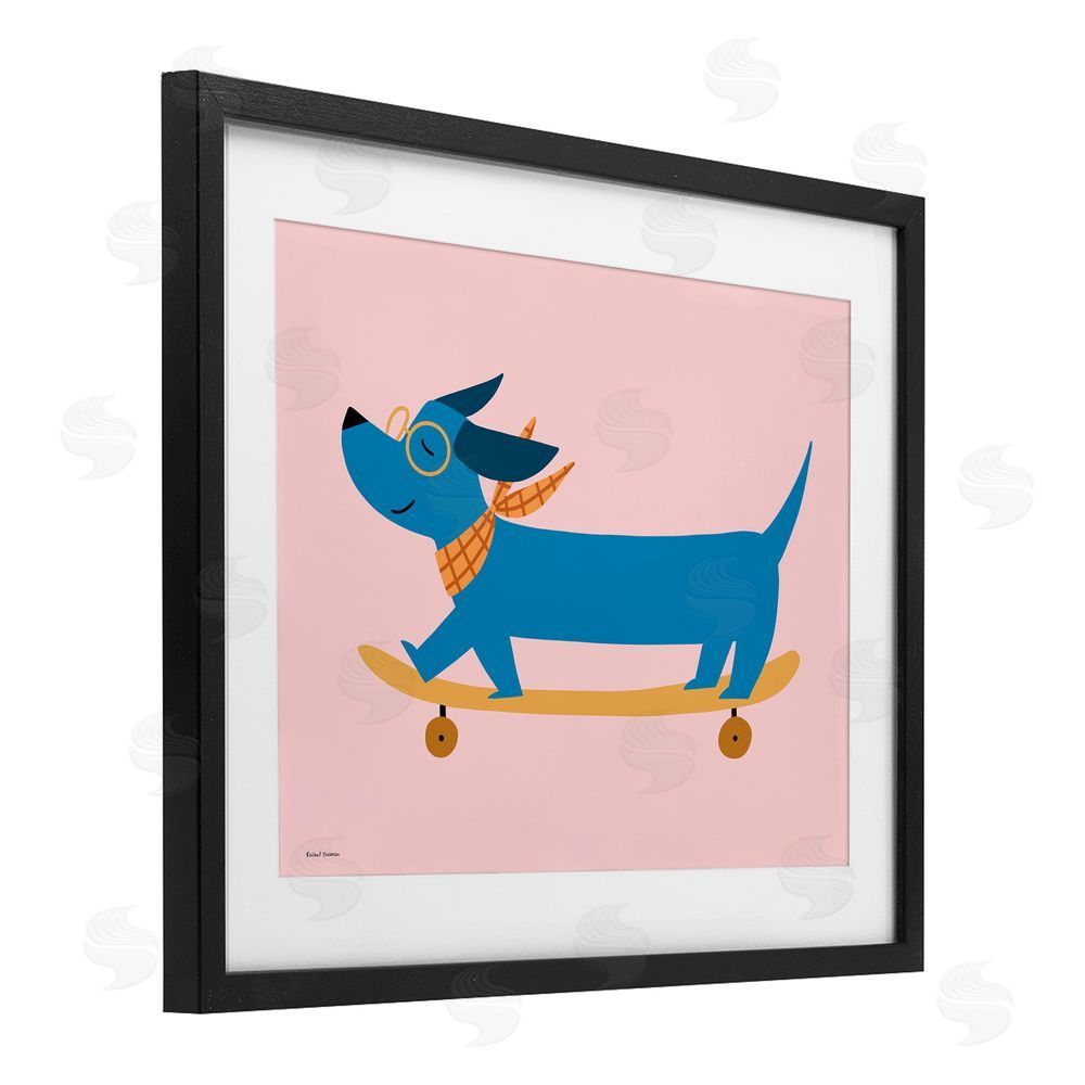 Rachel Nieman Skateboarding Wiener Dog Black Framed Print Under Glass Wall Art