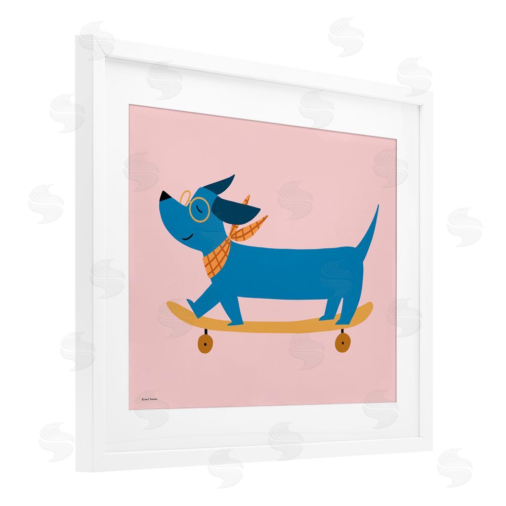 Rachel Nieman Skateboarding Wiener Dog White Framed Print Under Glass Wall Art