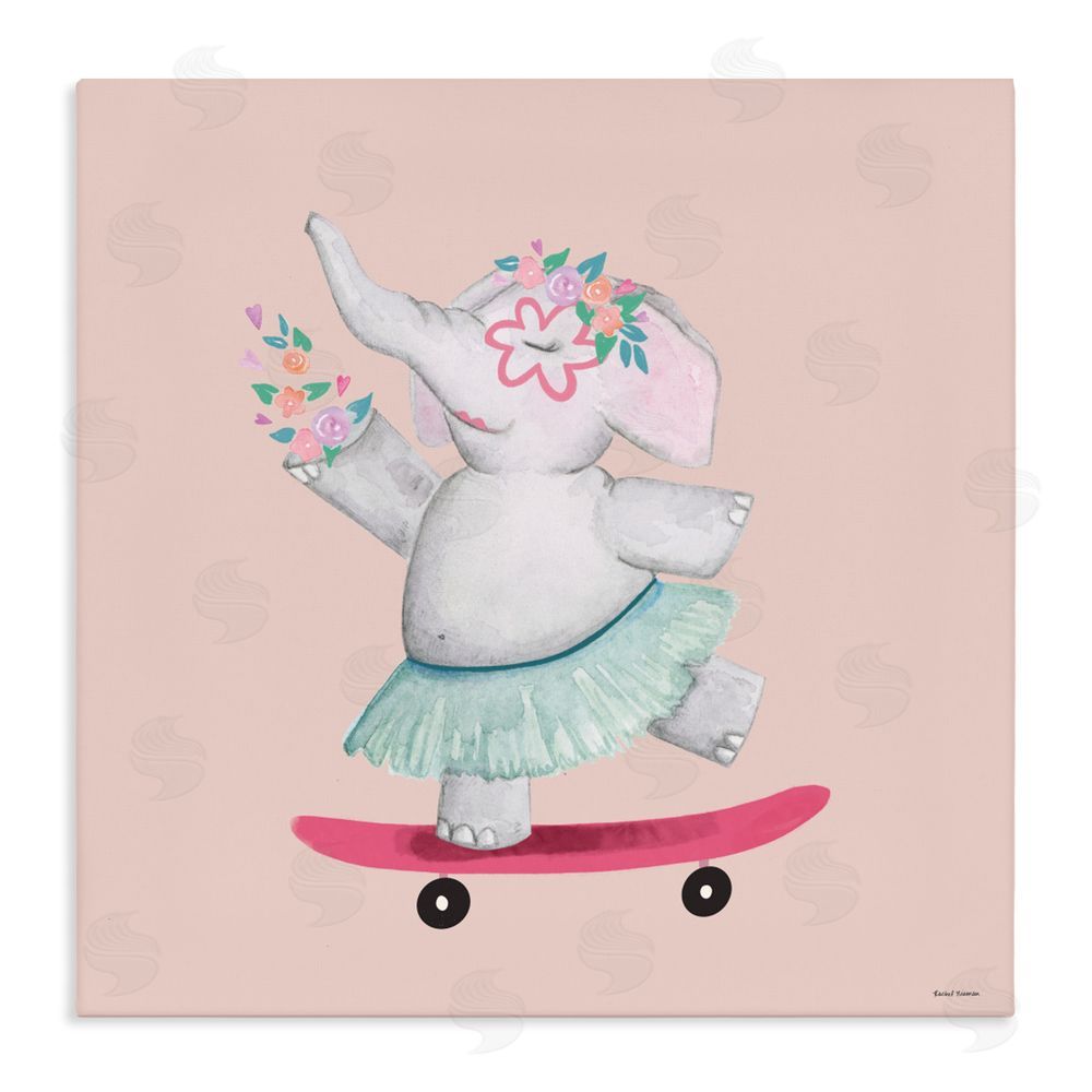 Rachel Nieman Skateboarding Elephant with Flowers Stretched Canvas Wall Art Print