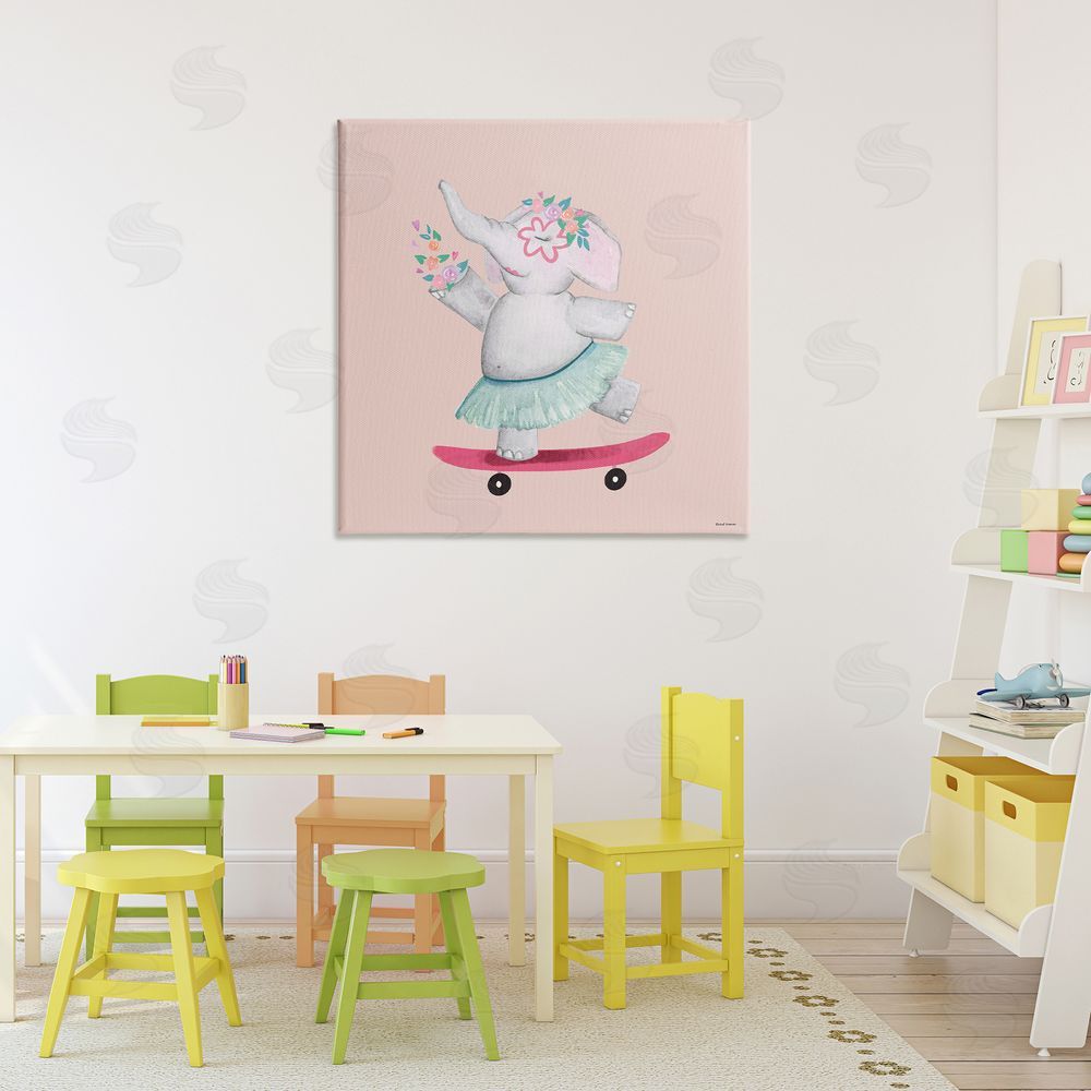 Rachel Nieman Skateboarding Elephant with Flowers Stretched Canvas Wall Art in Room