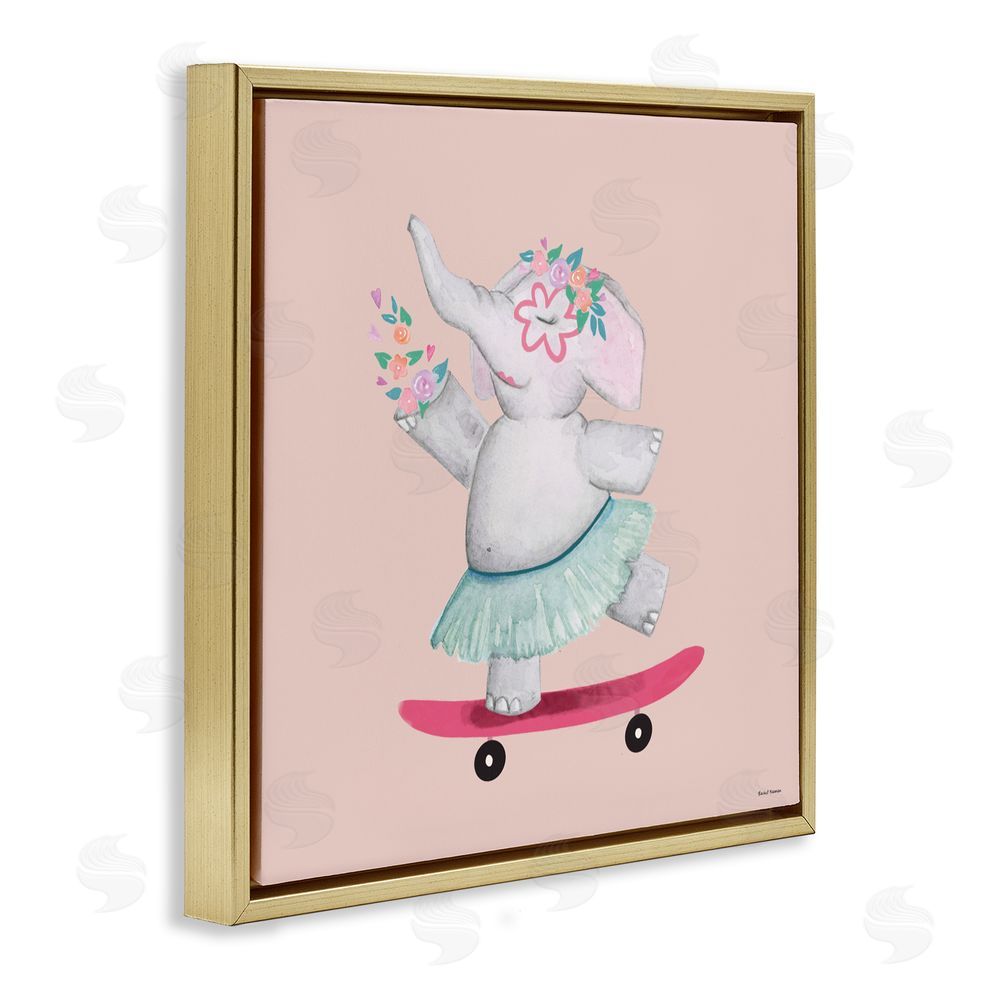 Rachel Nieman Skateboarding Elephant with Flowers Gold Floating Frame Canvas Wall Art Print