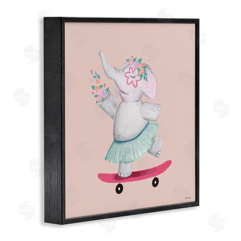 Rachel Nieman Skateboarding Elephant with Flowers Black Framed Giclee Wall Art Print