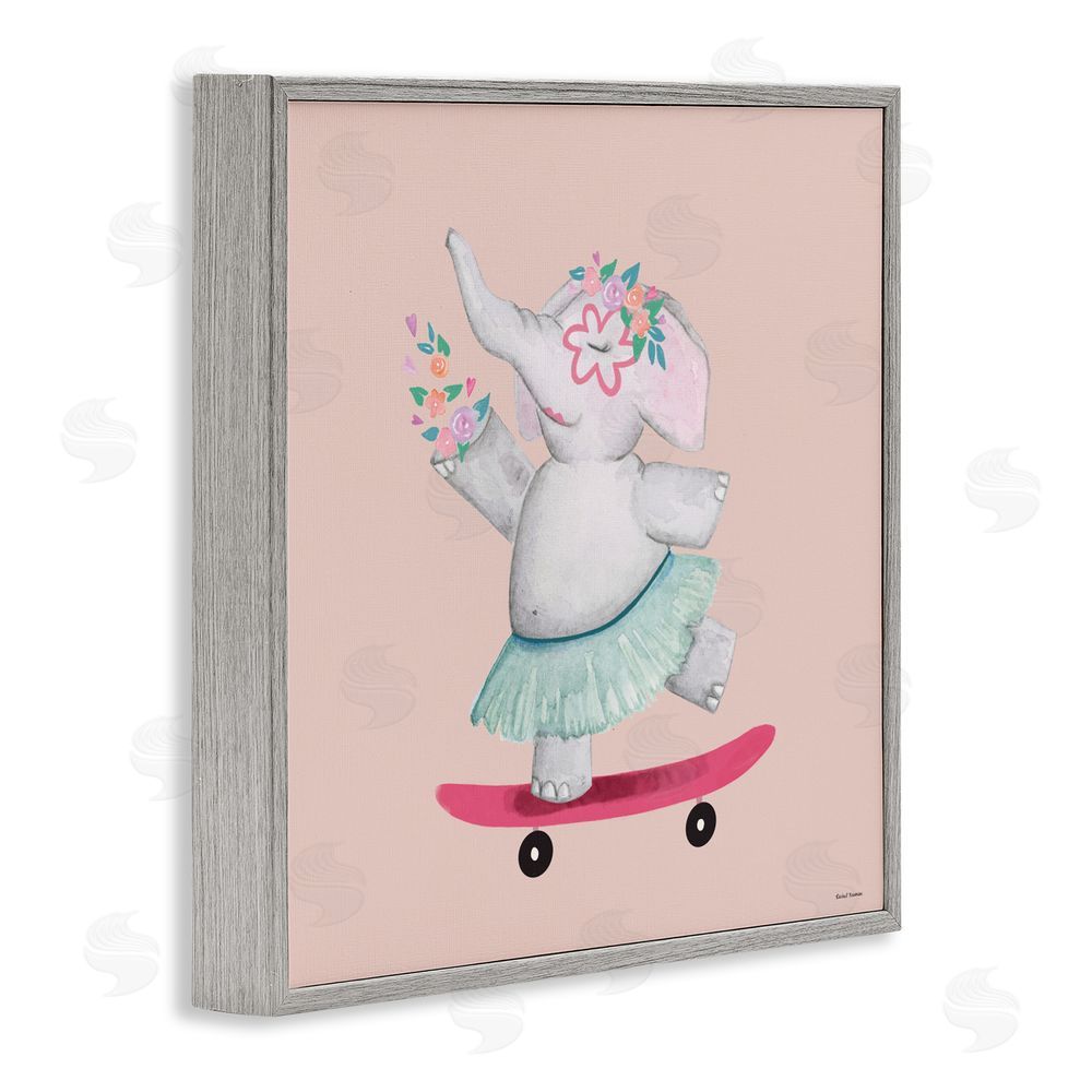 Rachel Nieman Skateboarding Elephant with Flowers Gray Framed Giclee Wall Art Print