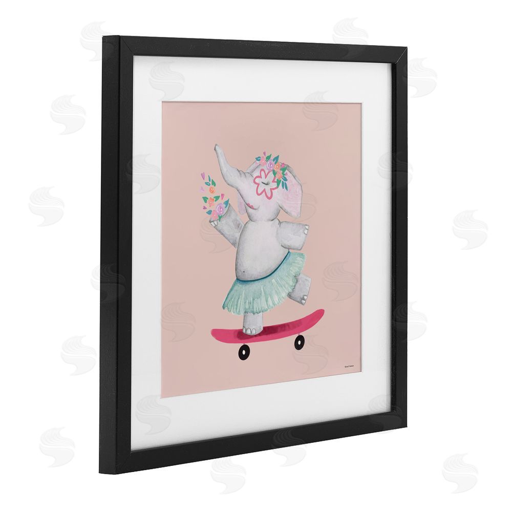 Rachel Nieman Skateboarding Elephant with Flowers Black Framed Print Under Glass Wall Art