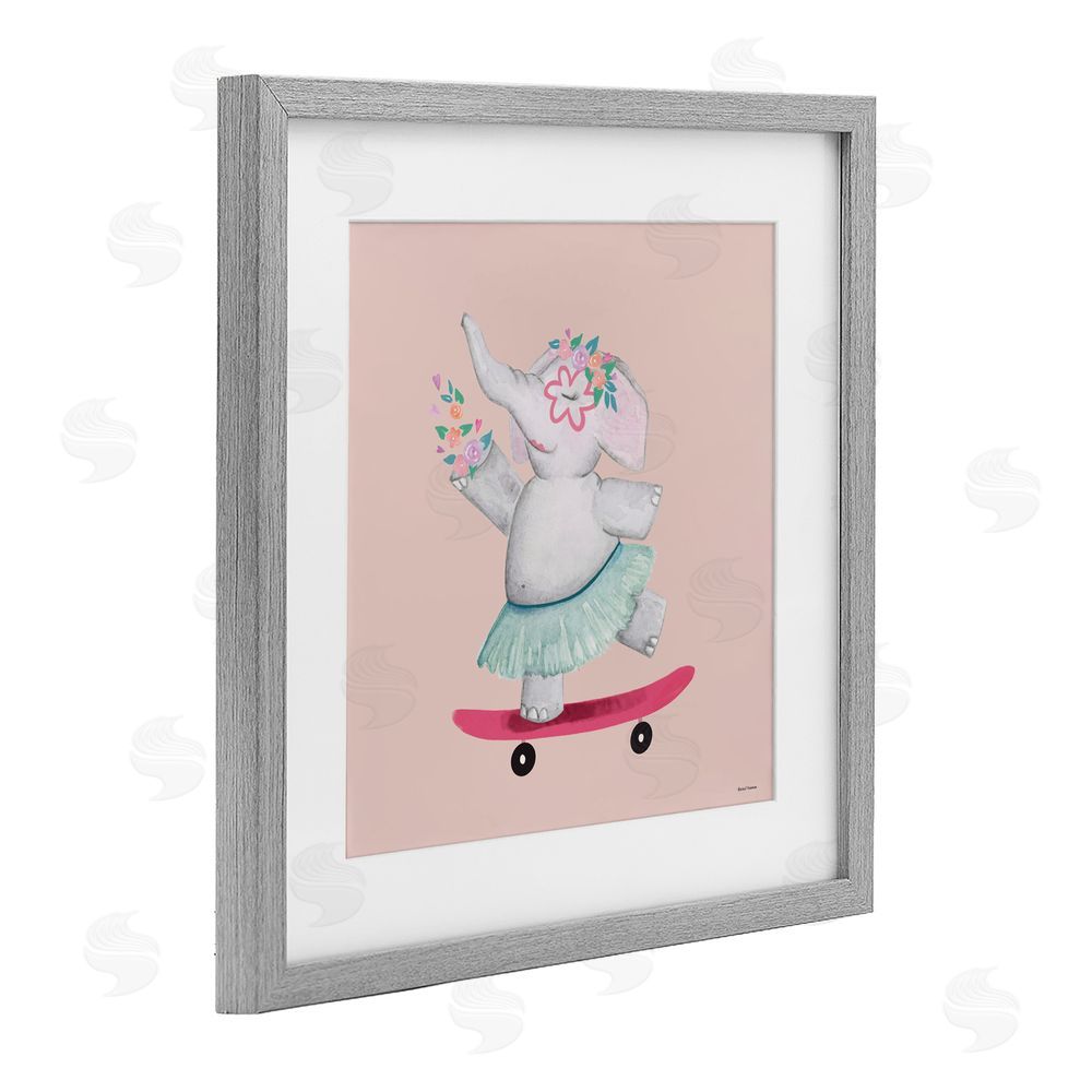 Rachel Nieman Skateboarding Elephant with Flowers Gray Framed Print Under Glass Wall Art