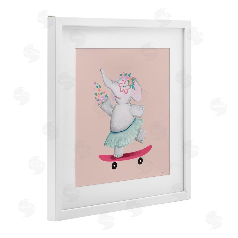Rachel Nieman Skateboarding Elephant with Flowers White Framed Print Under Glass Wall Art