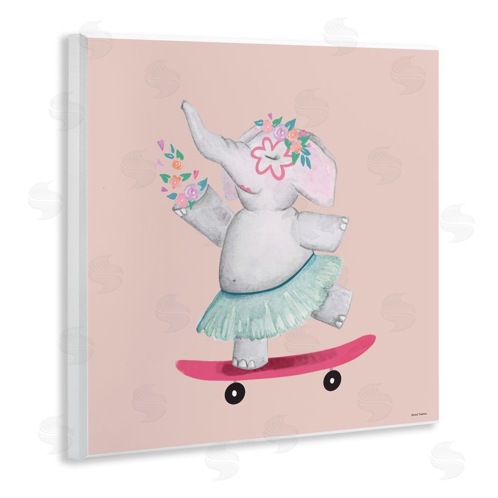 Rachel Nieman Skateboarding Elephant with Flowers Wall Plaque Art Print