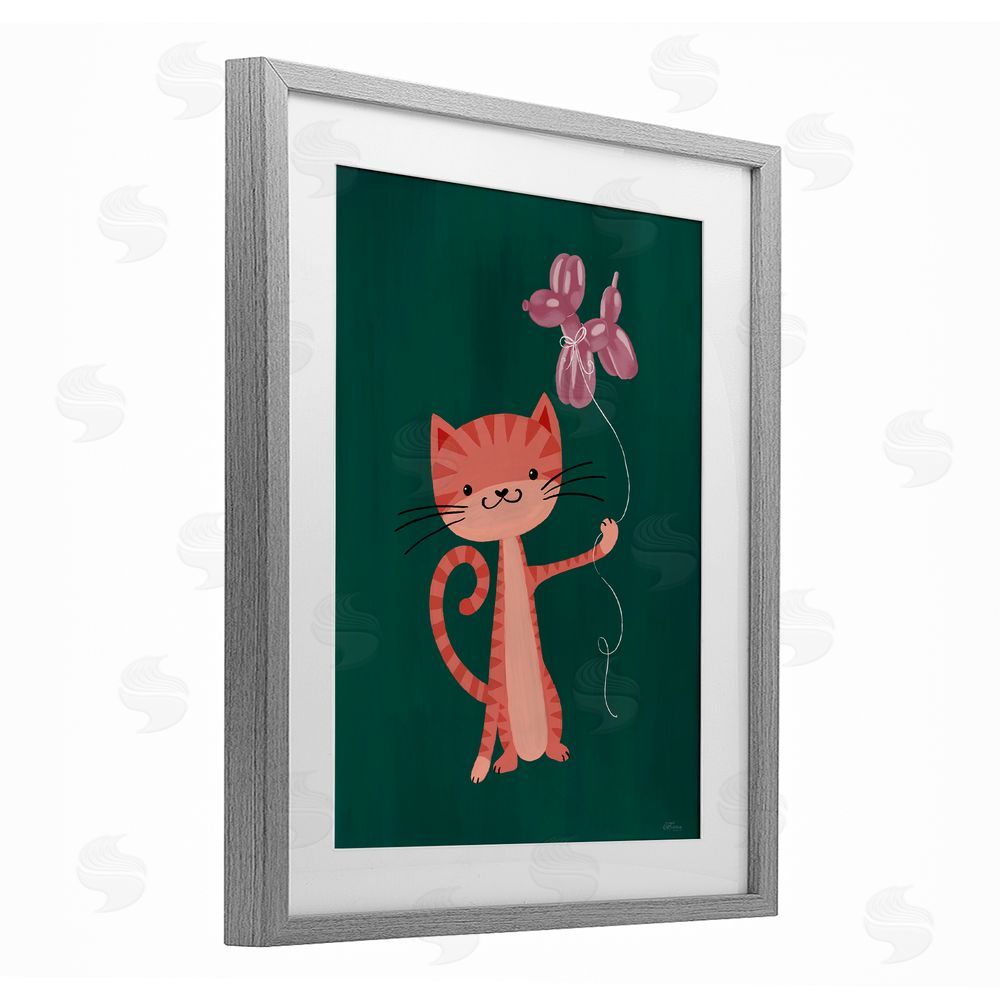 Cat Thurman Designs Balloon Buddy Cat Gray Framed Print Under Glass Wall Art