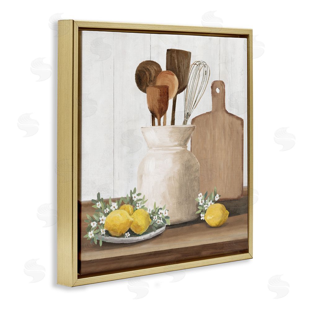 White Ladder Country Kitchen & Lemons Gold Floating Frame Canvas Wall Art Print